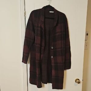 Dex Sweater Womens Large Red black Plaid Open Front Long Line Cardigan buttons